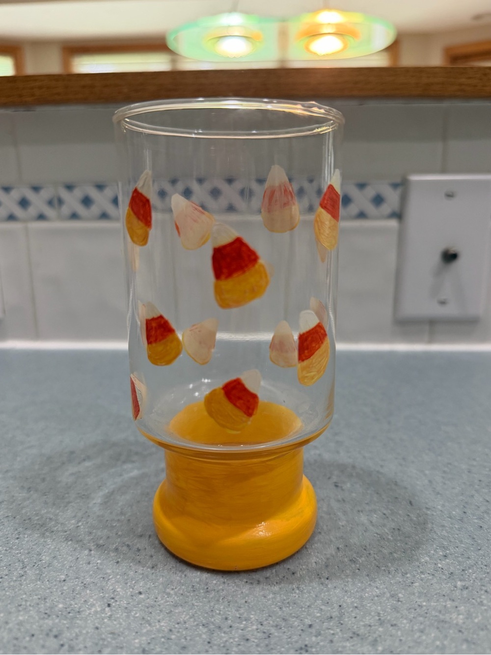 Candy Corn Halloween Pedestal Drinking Glass Hand Painted Vase Pen Holder